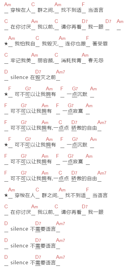 杨乃文《silence》吉他谱C调和弦谱(txt)1