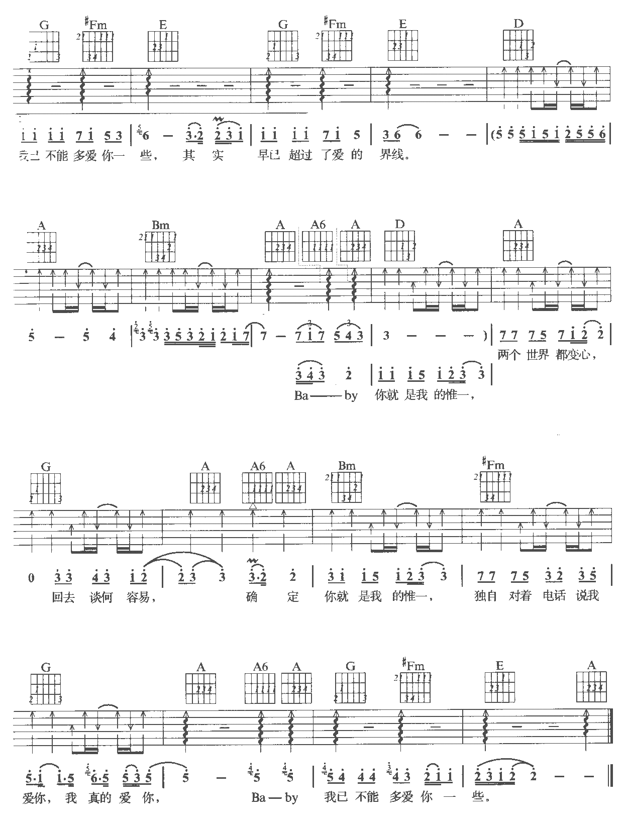 王力宏《惟一》吉他谱D调六线谱(图)1