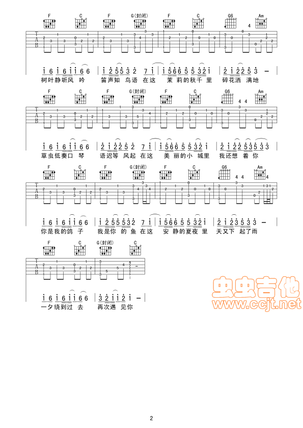 初见乐队《小城里》吉他谱C调六线谱(图)1