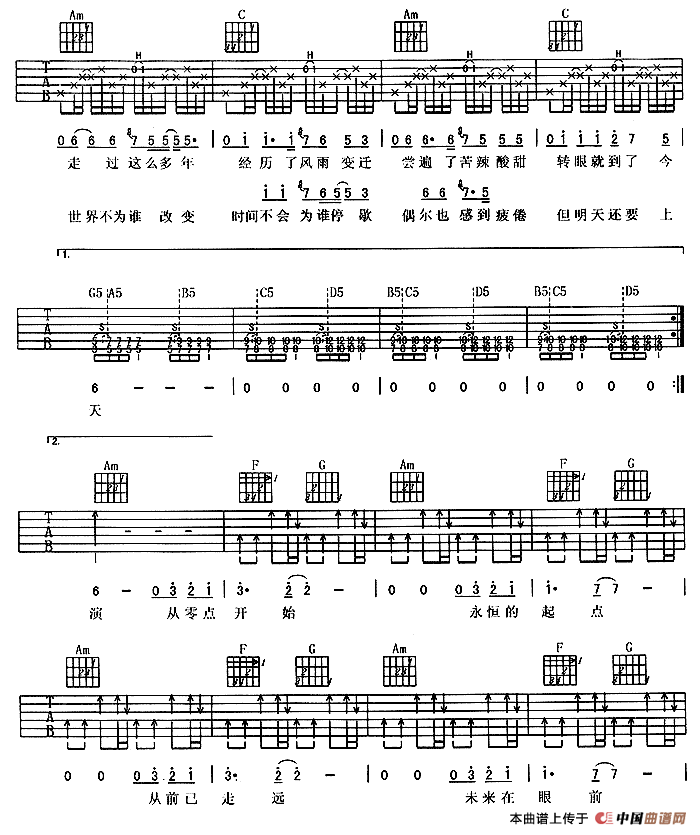 零点乐队《从零开始》吉他谱C调六线谱(图)1