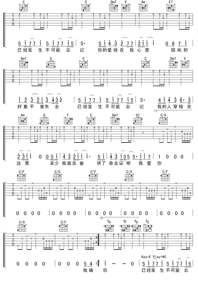 范逸臣《不可能忘记》吉他谱C调六线谱(图)1
