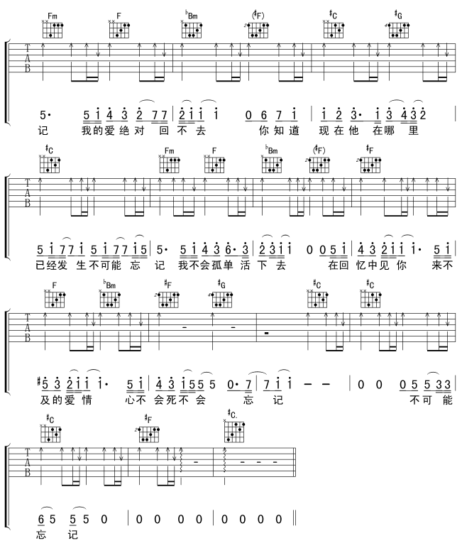 范逸臣《不可能忘记》吉他谱C调六线谱(图)1