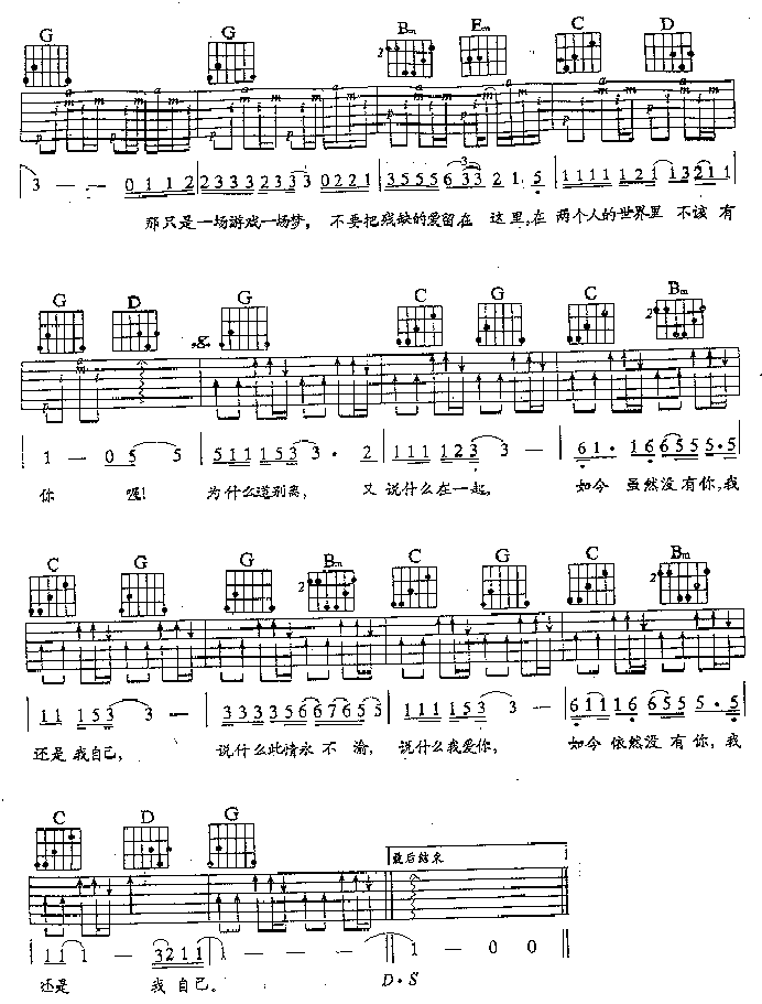 王杰《一场游戏一样梦》吉他谱C调六线谱(图)1