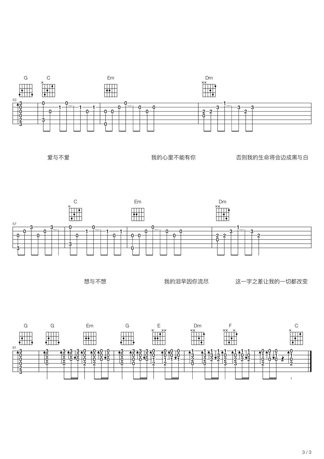 张茂启《一字之差》吉他谱C调六线谱(图)1