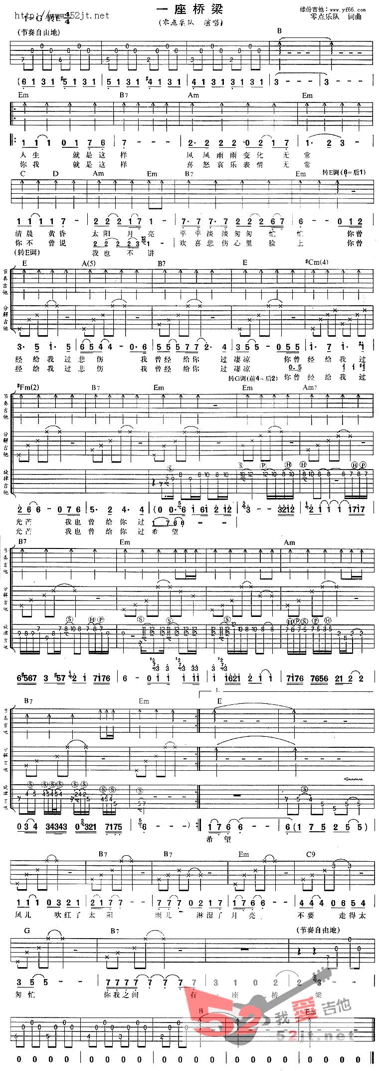 零点乐队《一座桥梁》吉他谱C调六线谱(图)1