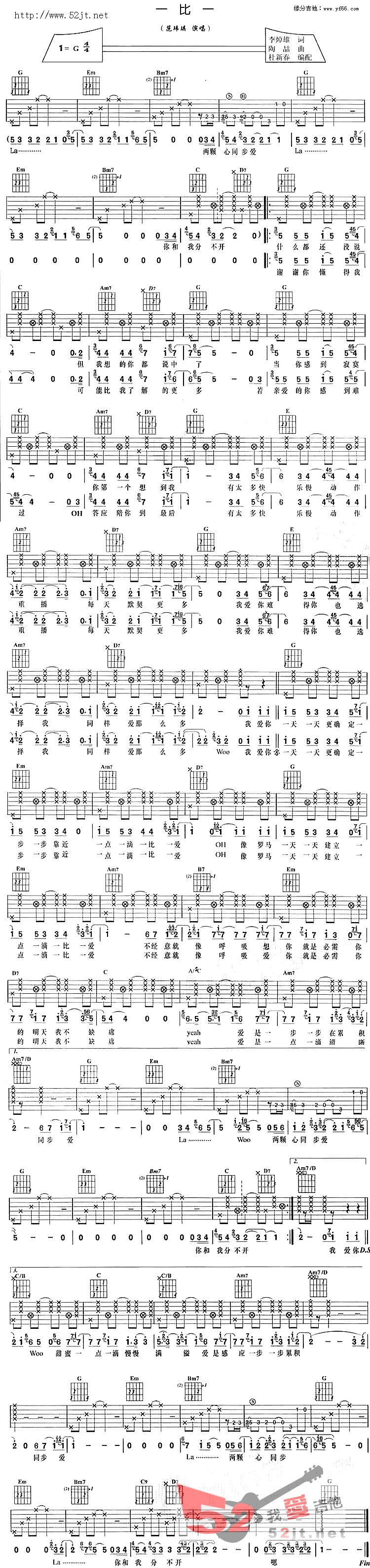 范玮琪《一比一》吉他谱C调六线谱(图)1