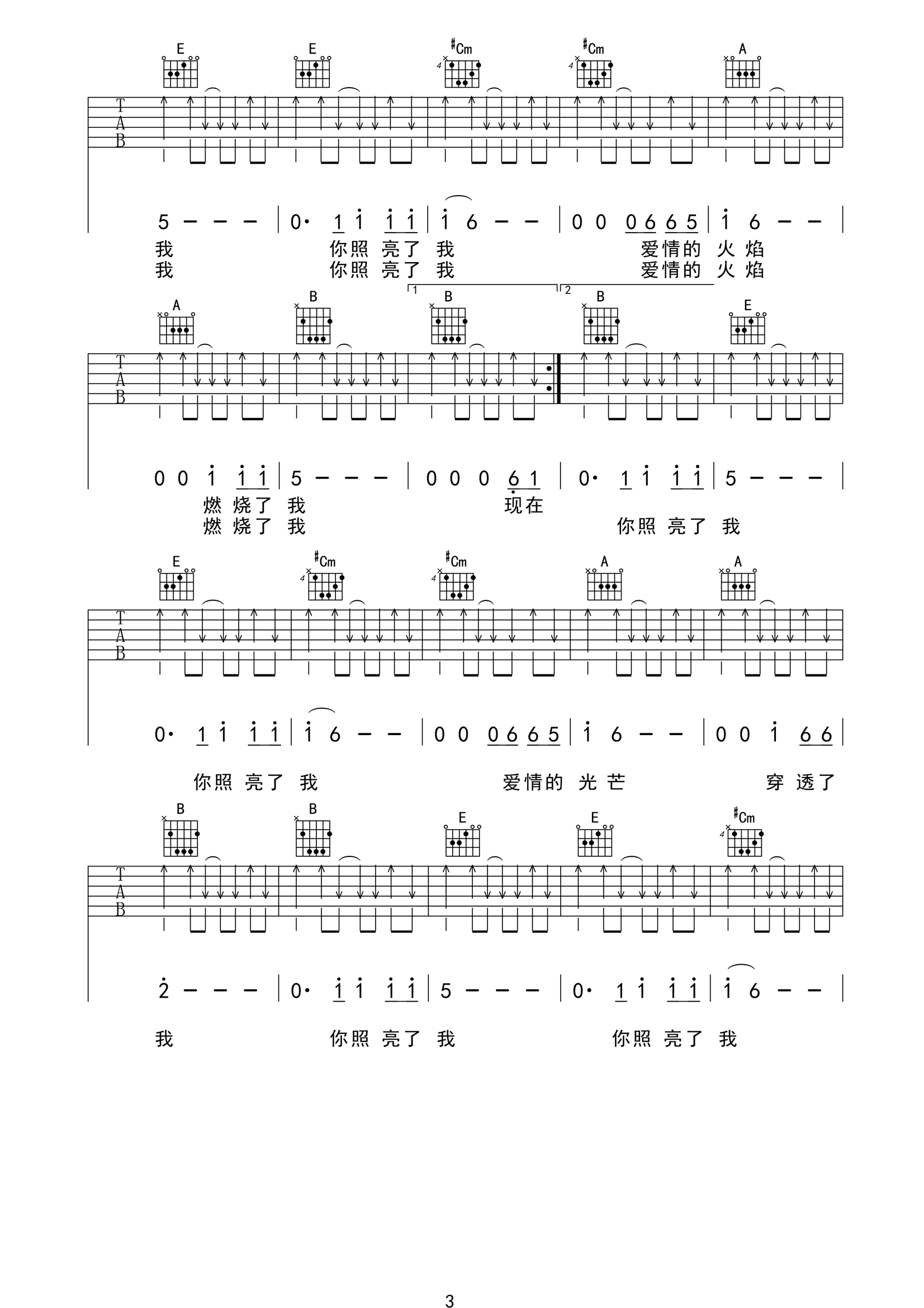 张闯《万达广场之恋》吉他谱E调六线谱(图)1