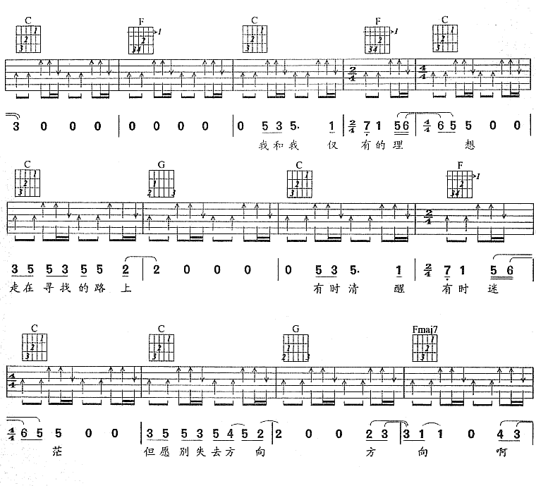郑钧《三分之一理想》吉他谱C调六线谱(图)1