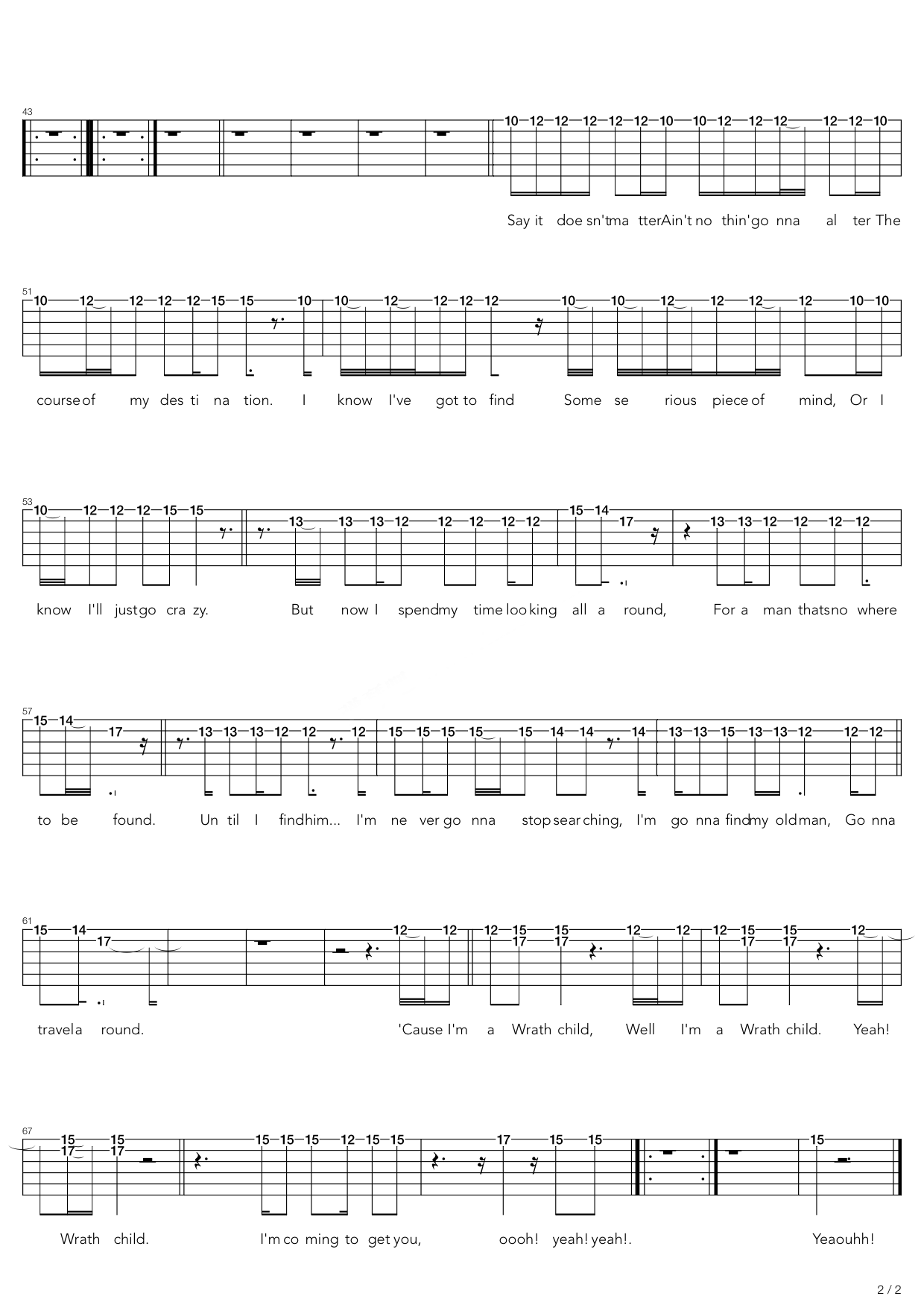 铁娘子乐队《Wrathchild》吉他谱C调六线谱(图)1