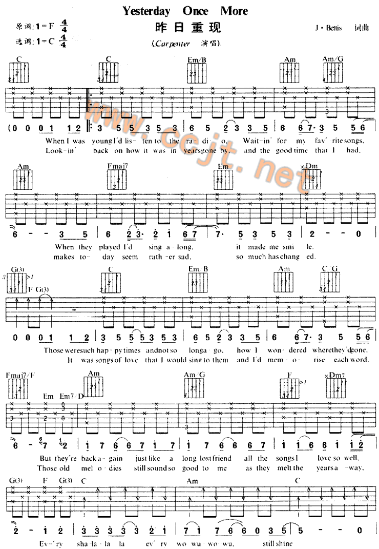 The Carpenters 卡本特合唱《YesterdayOnceMore昨日重现》吉他谱C调六线谱(图)1