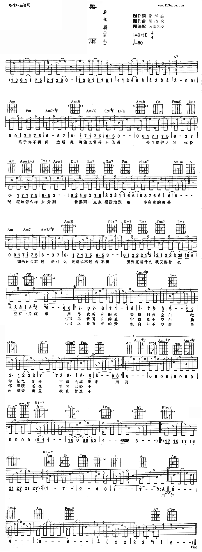 莫文蔚《黑雨》吉他谱C调六线谱(图)1