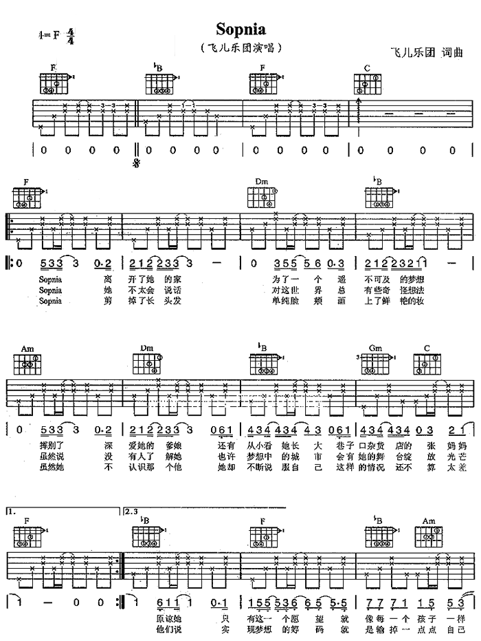 飞儿乐团《Sopnia》吉他谱C调六线谱(图)1