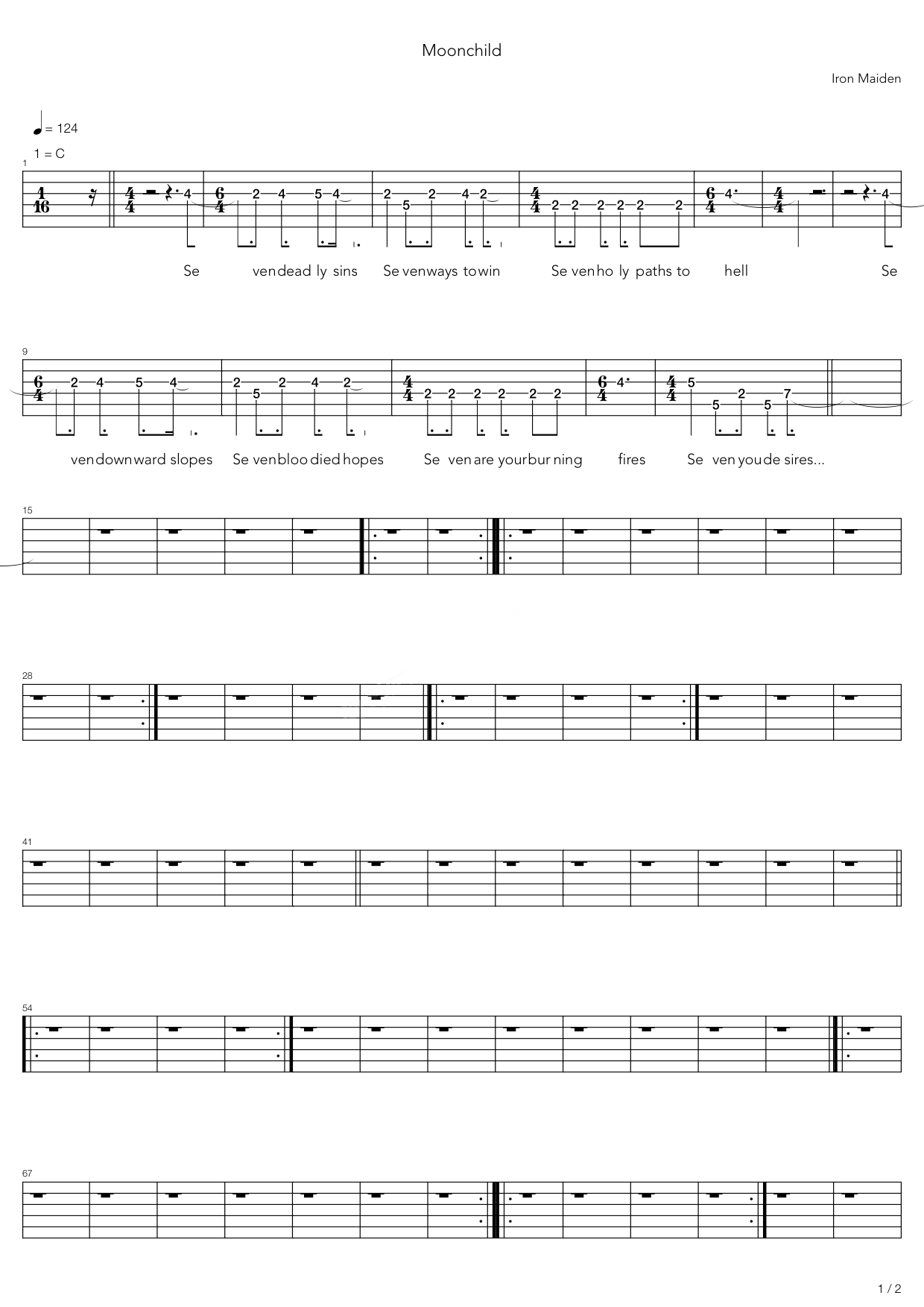 铁娘子乐队《Moonchild》吉他谱C调六线谱(图)1