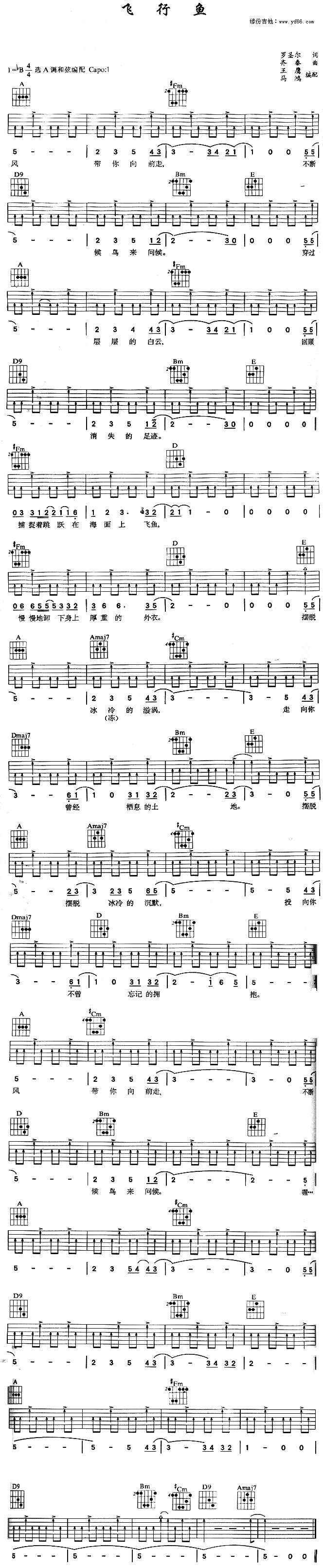 齐秦《飞行鱼》吉他谱A调六线谱(图)1