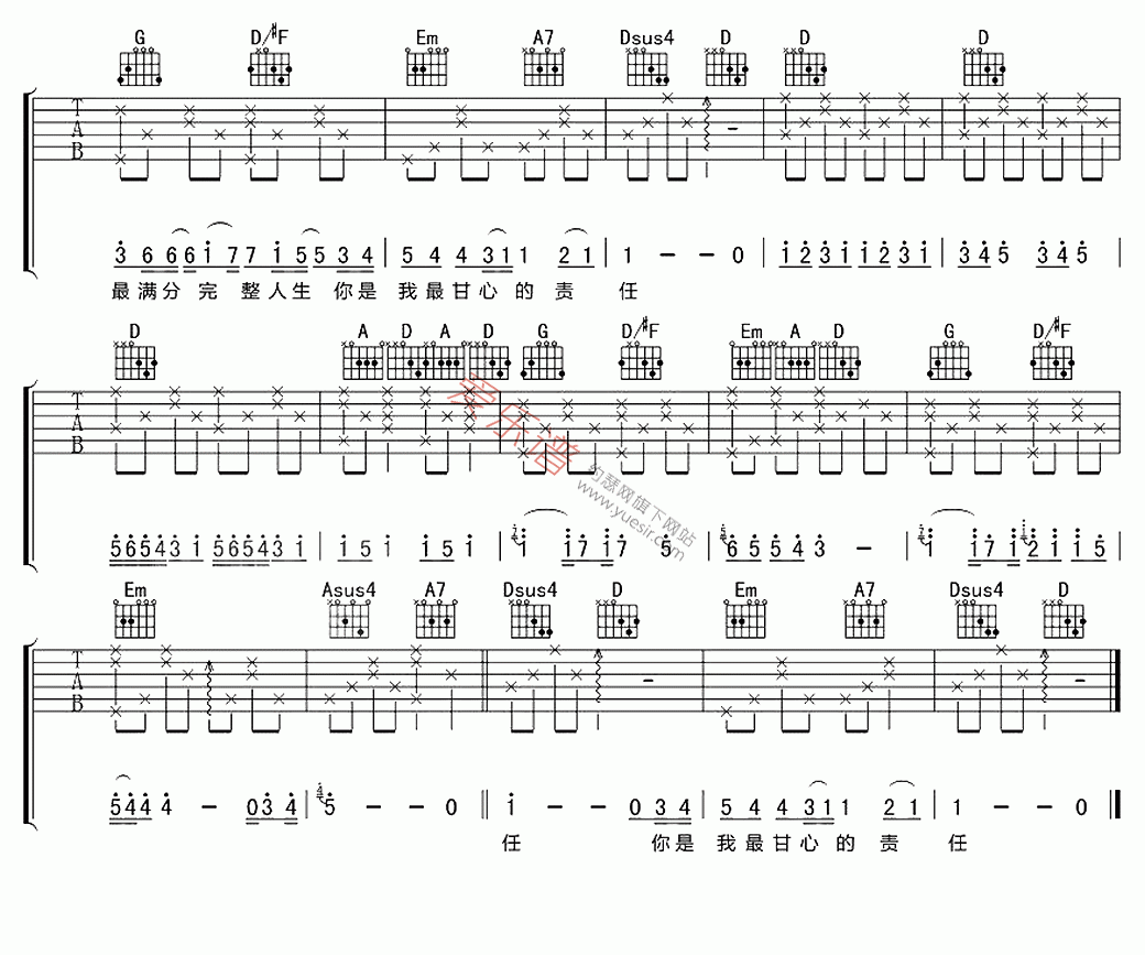 黄品冠《最美的问候》吉他谱D调六线谱(图)1