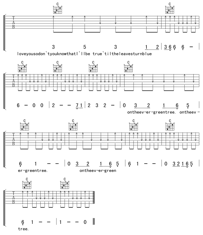 欧美经典《evergreentree》吉他谱C调六线谱(图)1