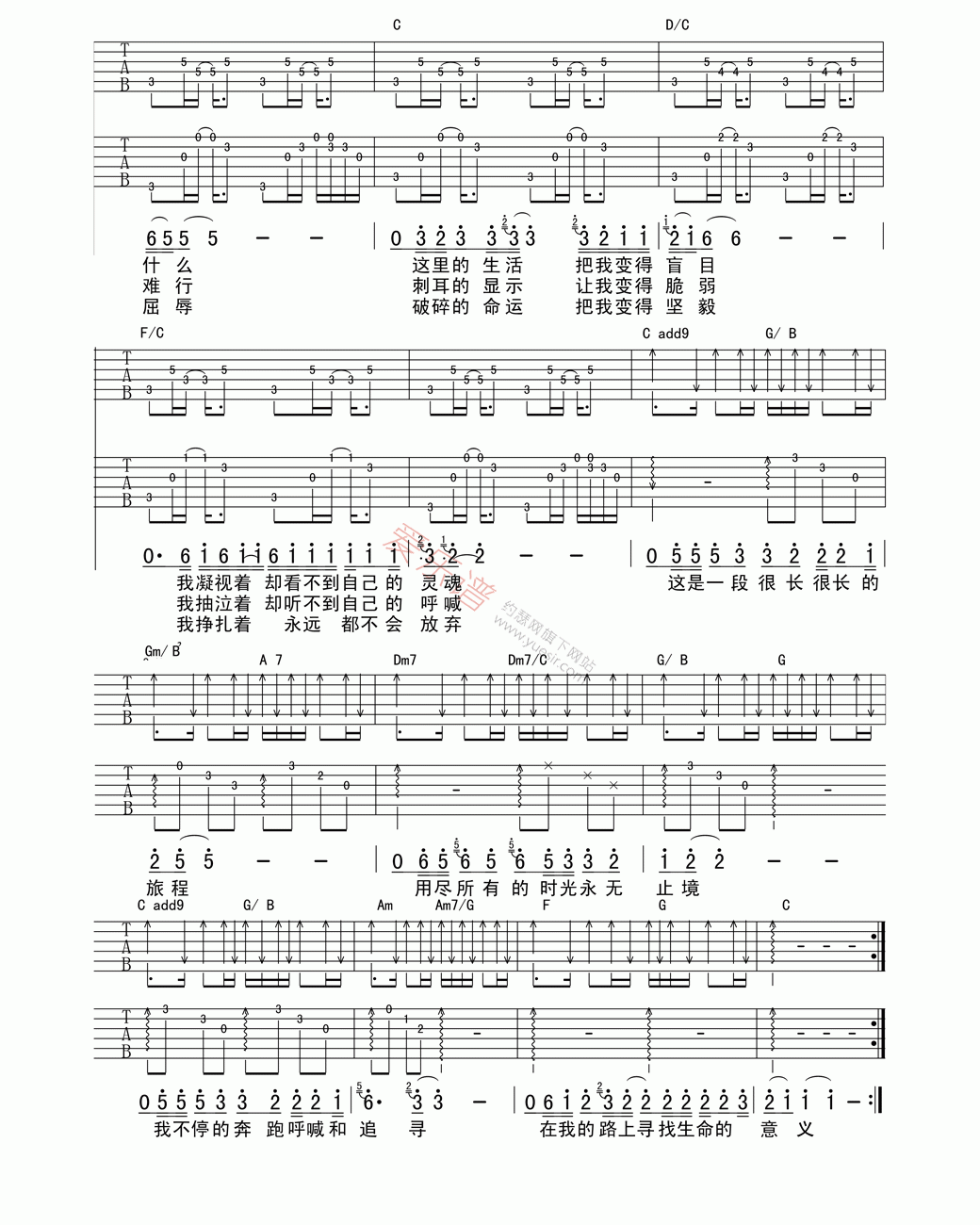 汪峰《我的路》吉他谱C调六线谱(图)1