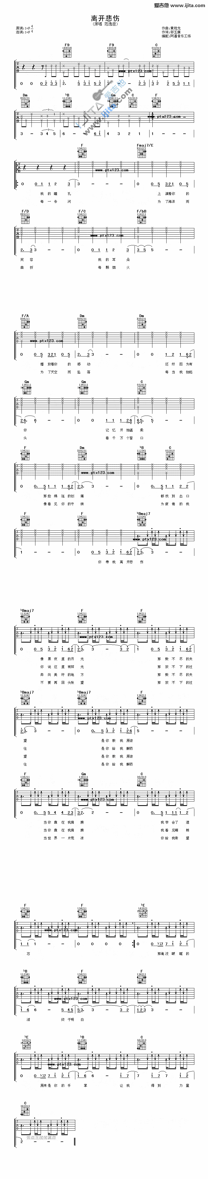 范逸臣《离开悲伤》吉他谱F调六线谱(图)1