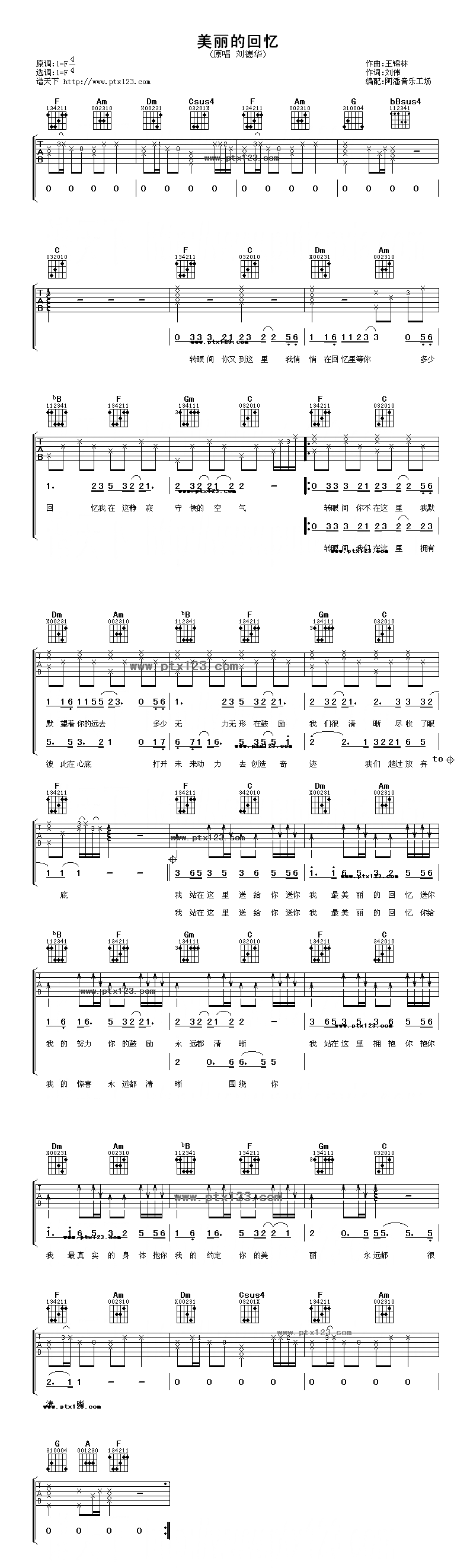 刘德华《美丽的回忆》吉他谱F调六线谱(图)1