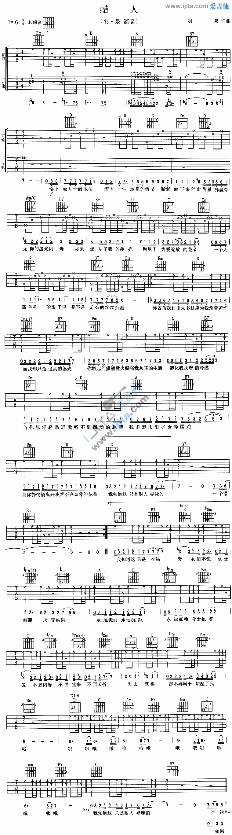 羽泉《蜡人》吉他谱C调六线谱(图)1