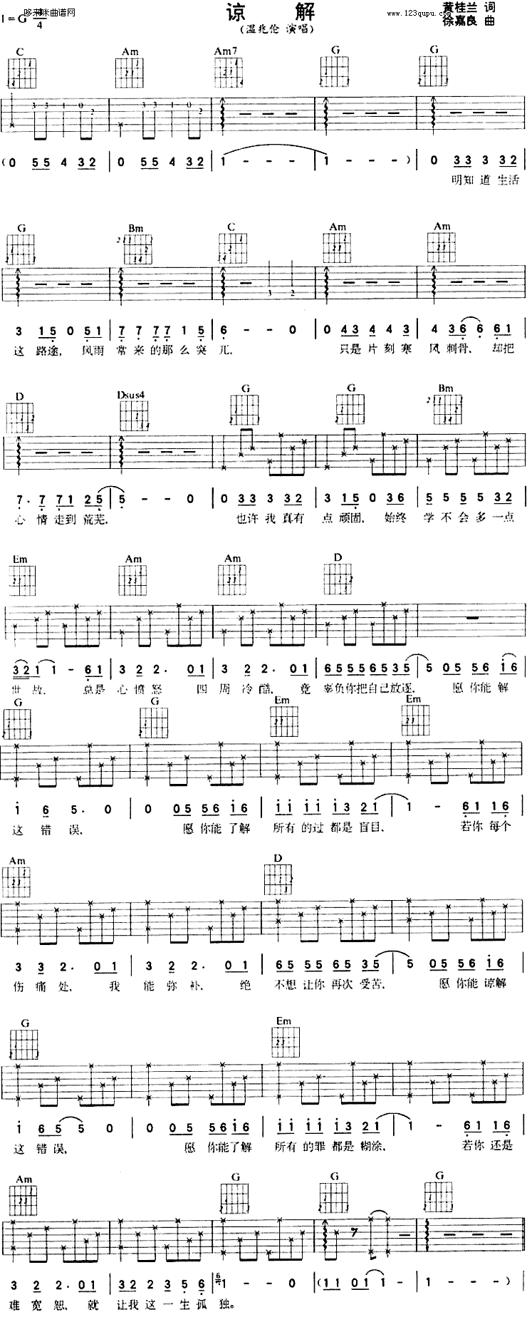 温兆伦《谅解》吉他谱C调六线谱(图)1
