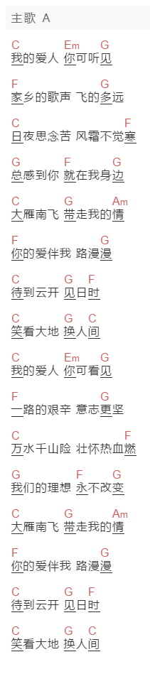 中国艺术歌曲《我的爱人你可听见》吉他谱C调和弦谱(txt)1