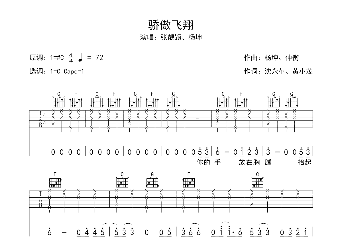 张靓颖,杨坤《骄傲飞翔》吉他谱C调六线谱(图)1