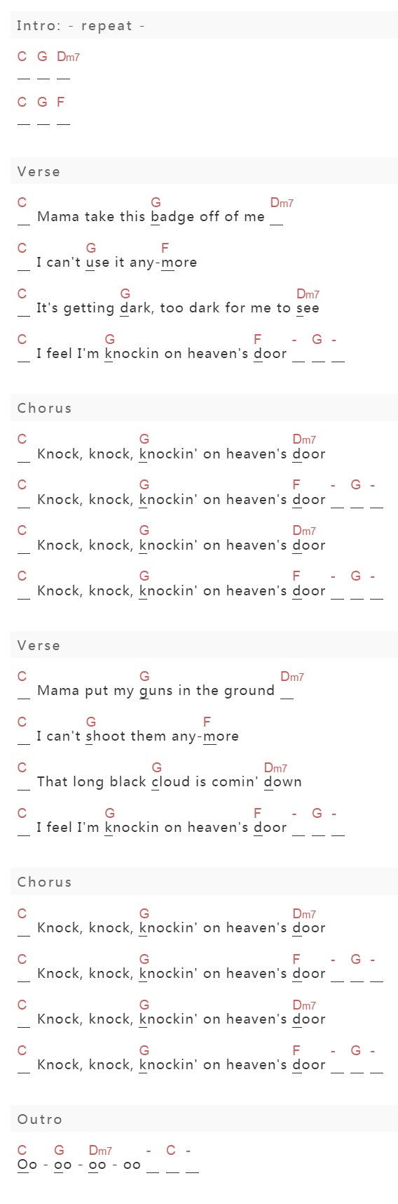 Bob Dylan《Knockin' On Heaven's Door》吉他谱C调和弦谱(txt)1
