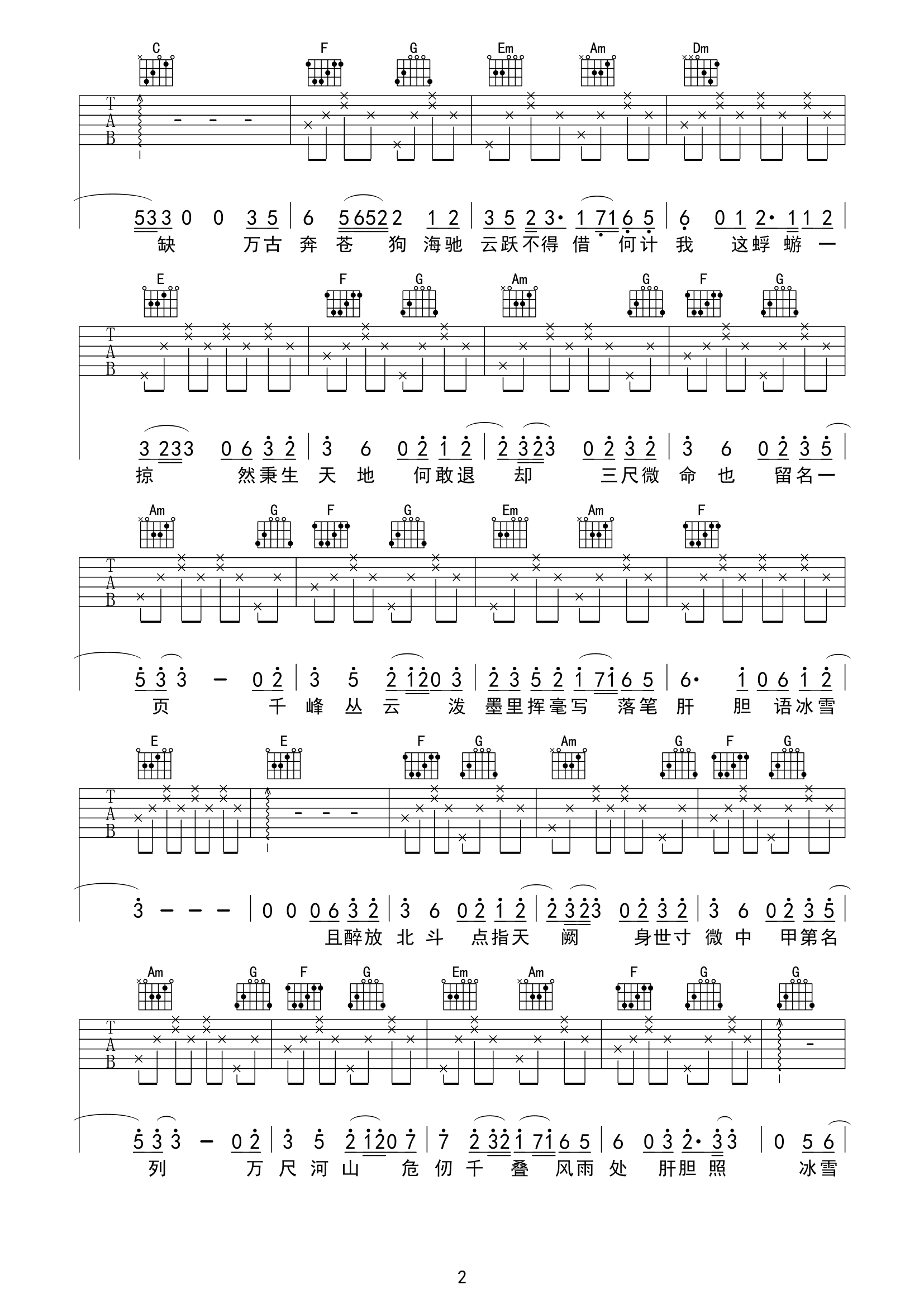 徐深《人间蜉蝣》吉他谱C调六线谱(图)1