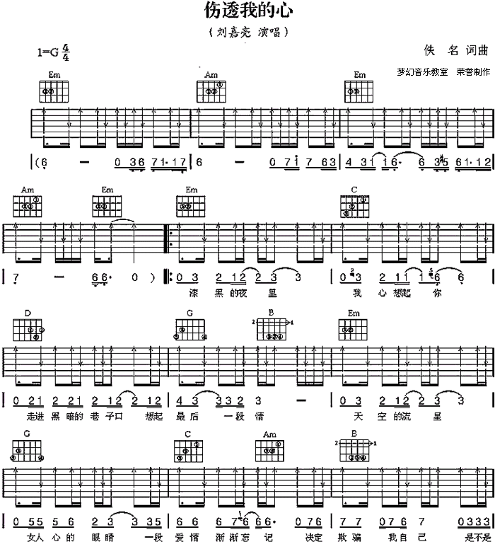 刘嘉亮《伤了我的心》吉他谱C调六线谱(图)1