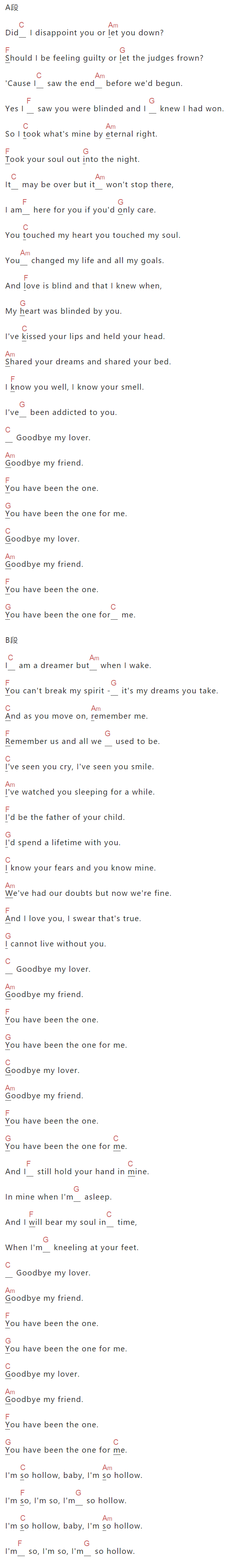 James Blunt《Goodbye My Lover》吉他谱C调和弦谱(txt)1