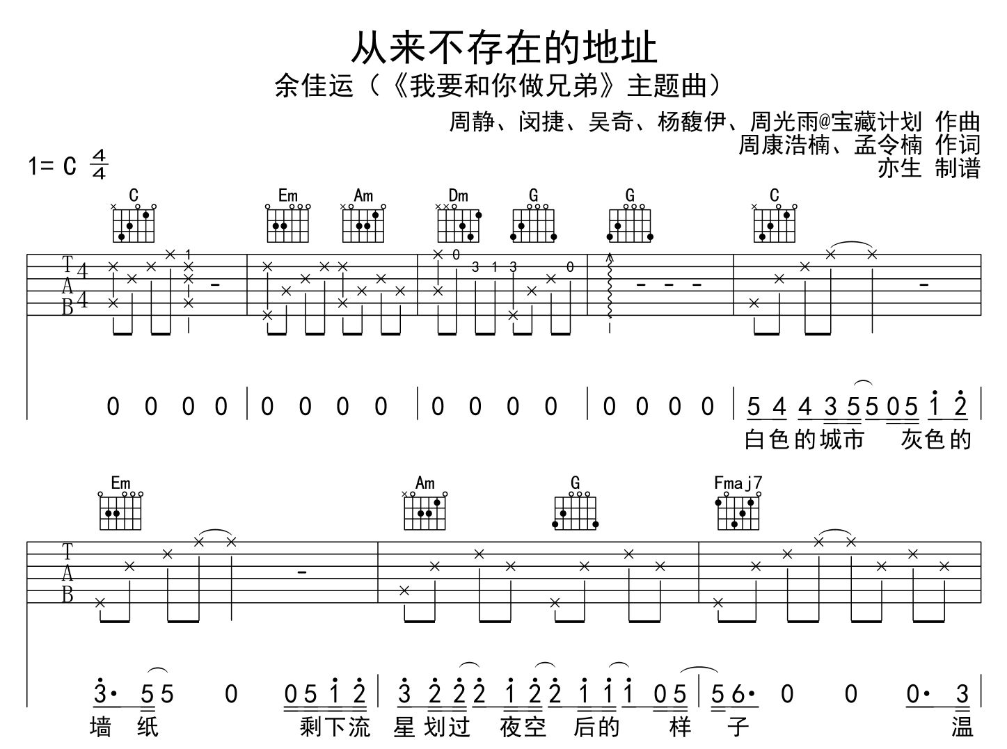 《从来不存在的地址》吉他谱C调六线谱(图)1
