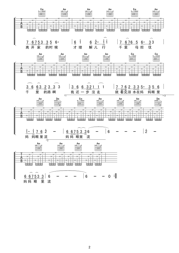 《儿行千里》吉他谱C调六线谱(图)1