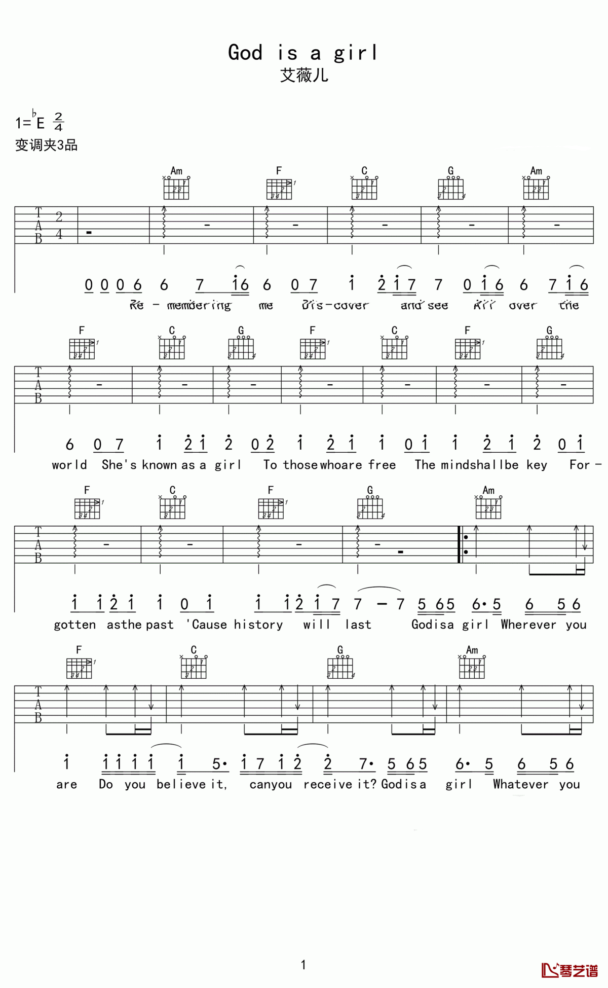 《GodisAGirl》吉他谱C调六线谱(图)1