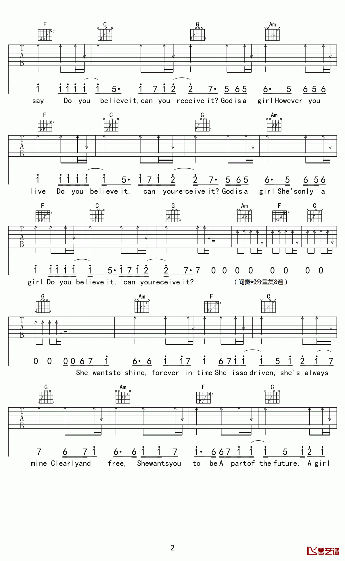 《GodisAGirl》吉他谱C调六线谱(图)1