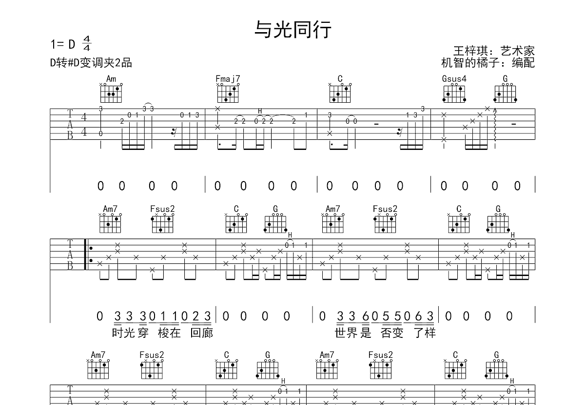王梓琪《与光同行》吉他谱D调六线谱(图)1
