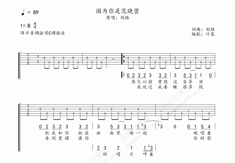 刘维《因为你是范晓萱》吉他谱C调六线谱(图)1