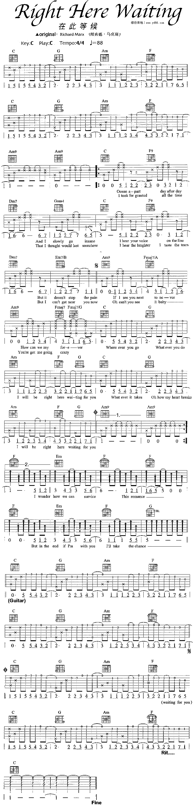 理查德·马克斯《在此等候》吉他谱C调六线谱(图)1