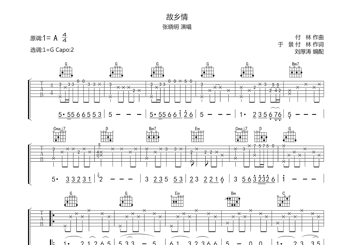 张晓明《故乡情》吉他谱G调六线谱(图)1