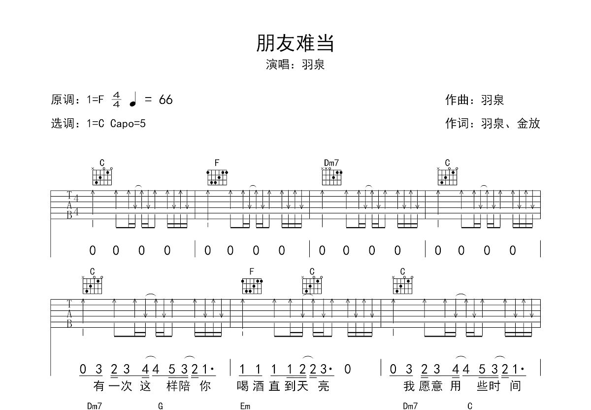 羽泉《朋友难当》吉他谱C调六线谱(图)1