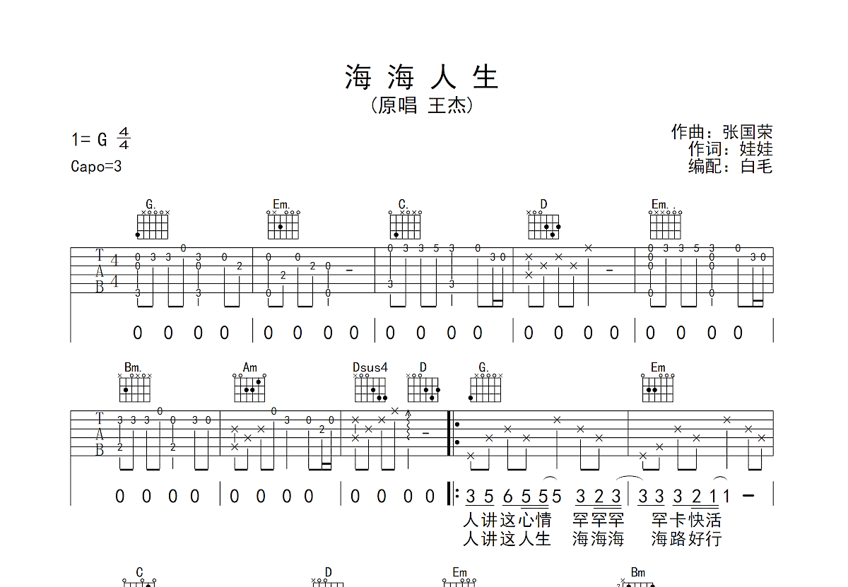 王杰《海海人生》吉他谱G调六线谱(图)1