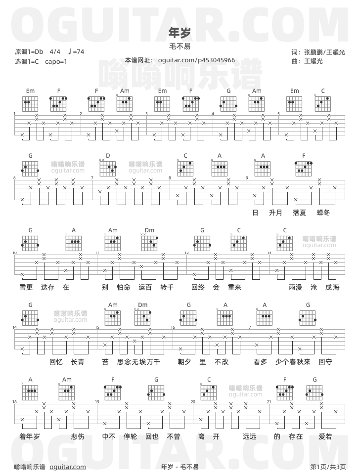《年岁》吉他谱C调六线谱(图)1