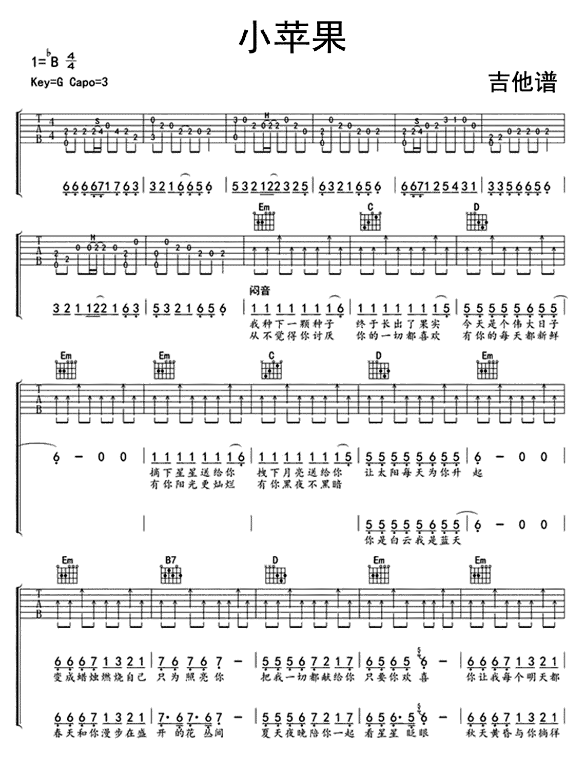 《小苹果》吉他谱C调六线谱(图)1