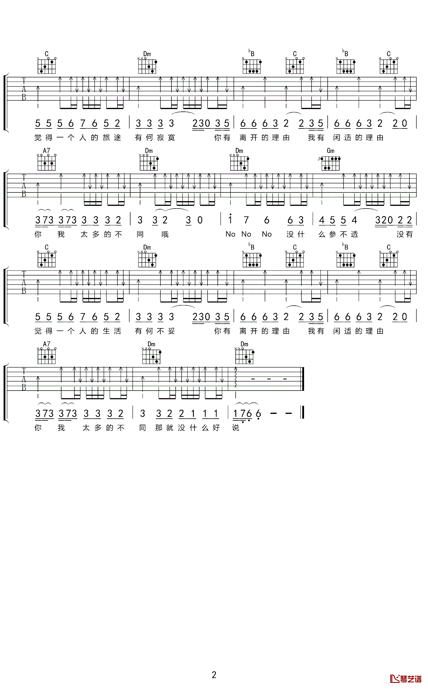 许嵩《单人旅途》吉他谱F调六线谱(图)1