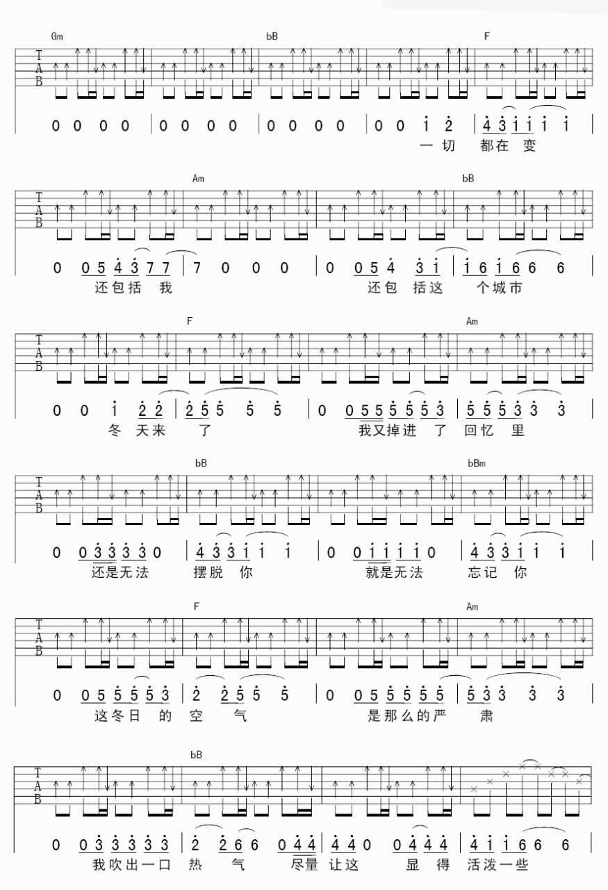 王凡瑞《如果冬天》吉他谱C调六线谱(图)1