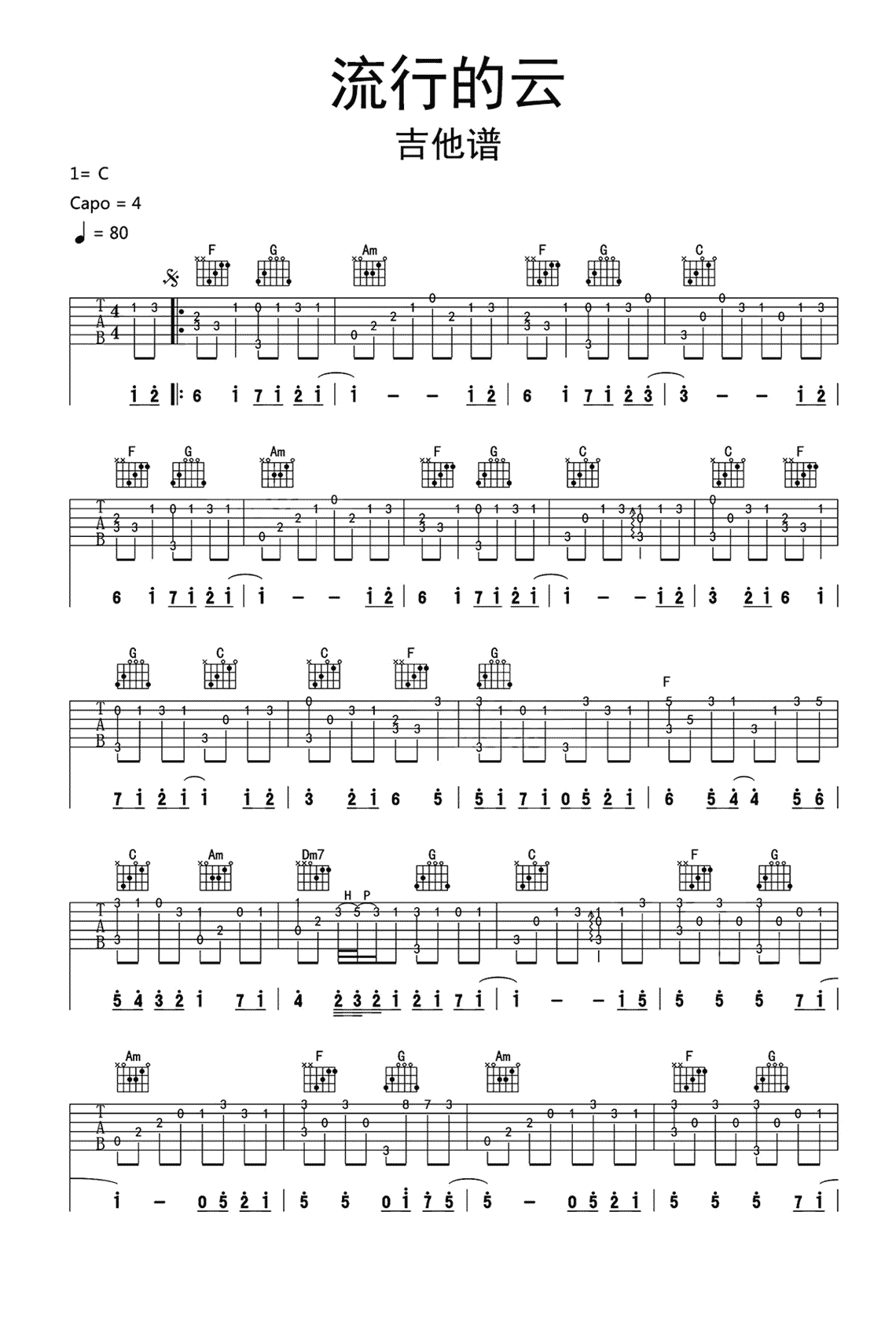 岸部真明《流行的云》吉他谱C调六线谱(图)1