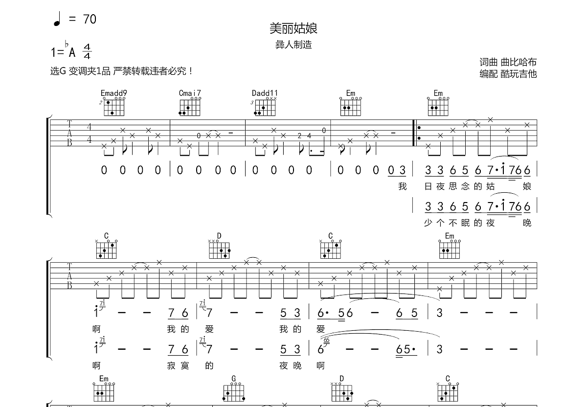 彝人制造《美丽姑娘》吉他谱G调六线谱(图)1