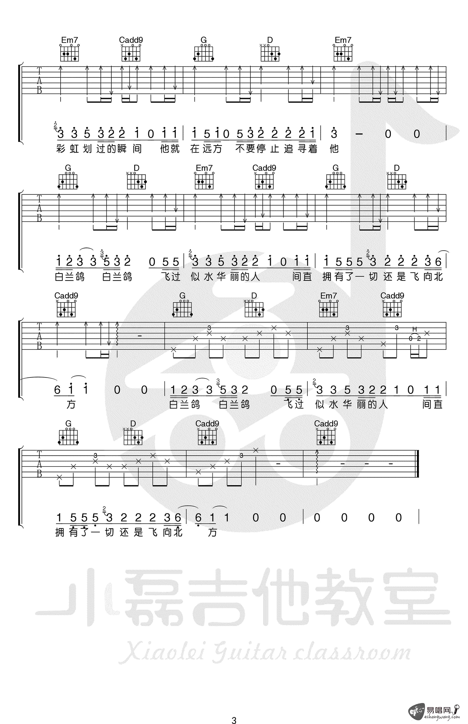 白兰鸽巡游记吉他谱-G调-丢火车乐队-吉他教学视频简谱 - 曲谱歌词网