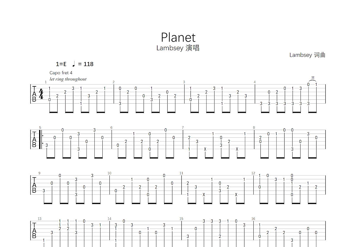 Planet吉他谱C调