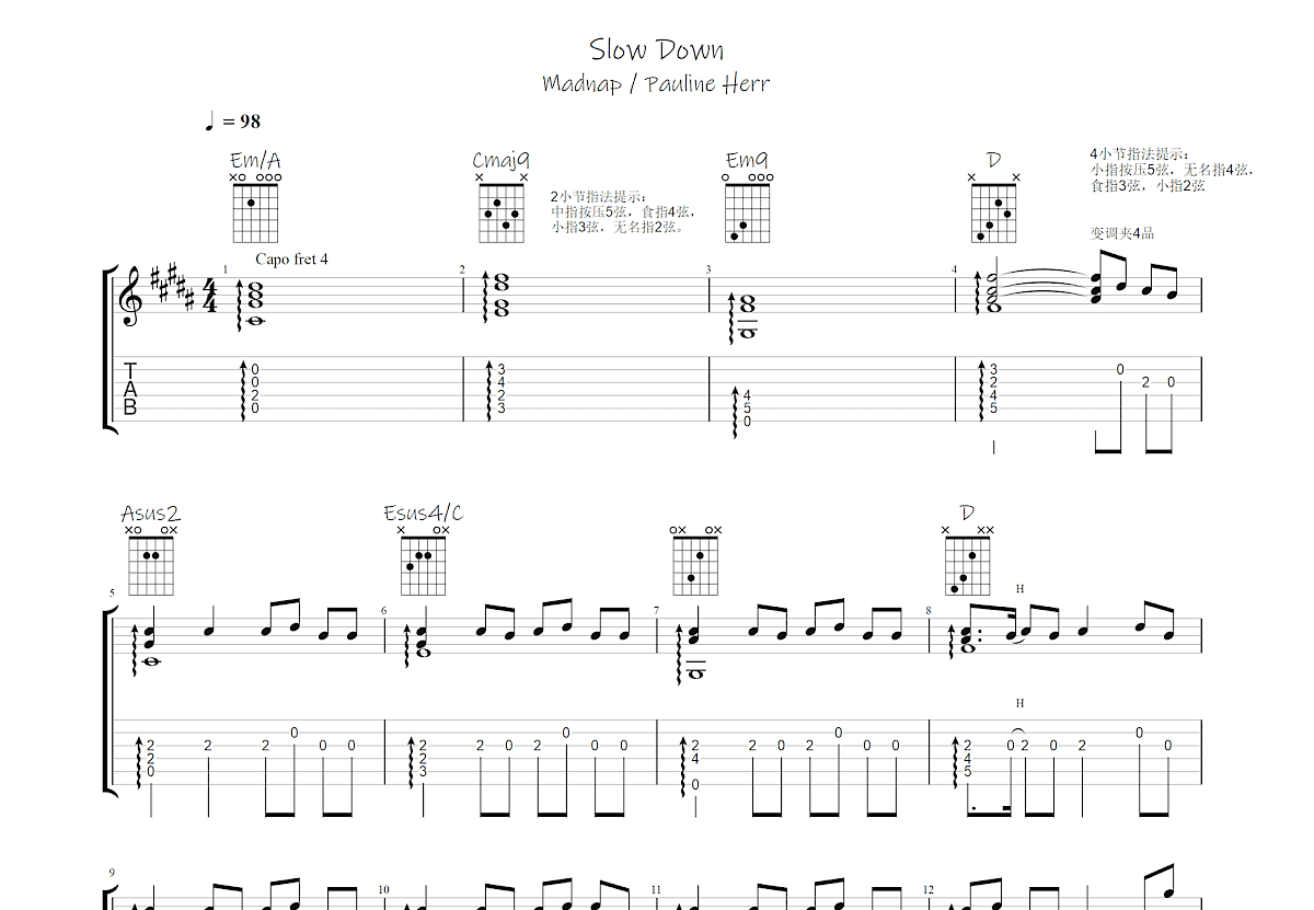 《Slow Down》吉他谱G调简单版 - 初学初级版 - Madnap六线谱 - G调和弦 - 吉他简谱